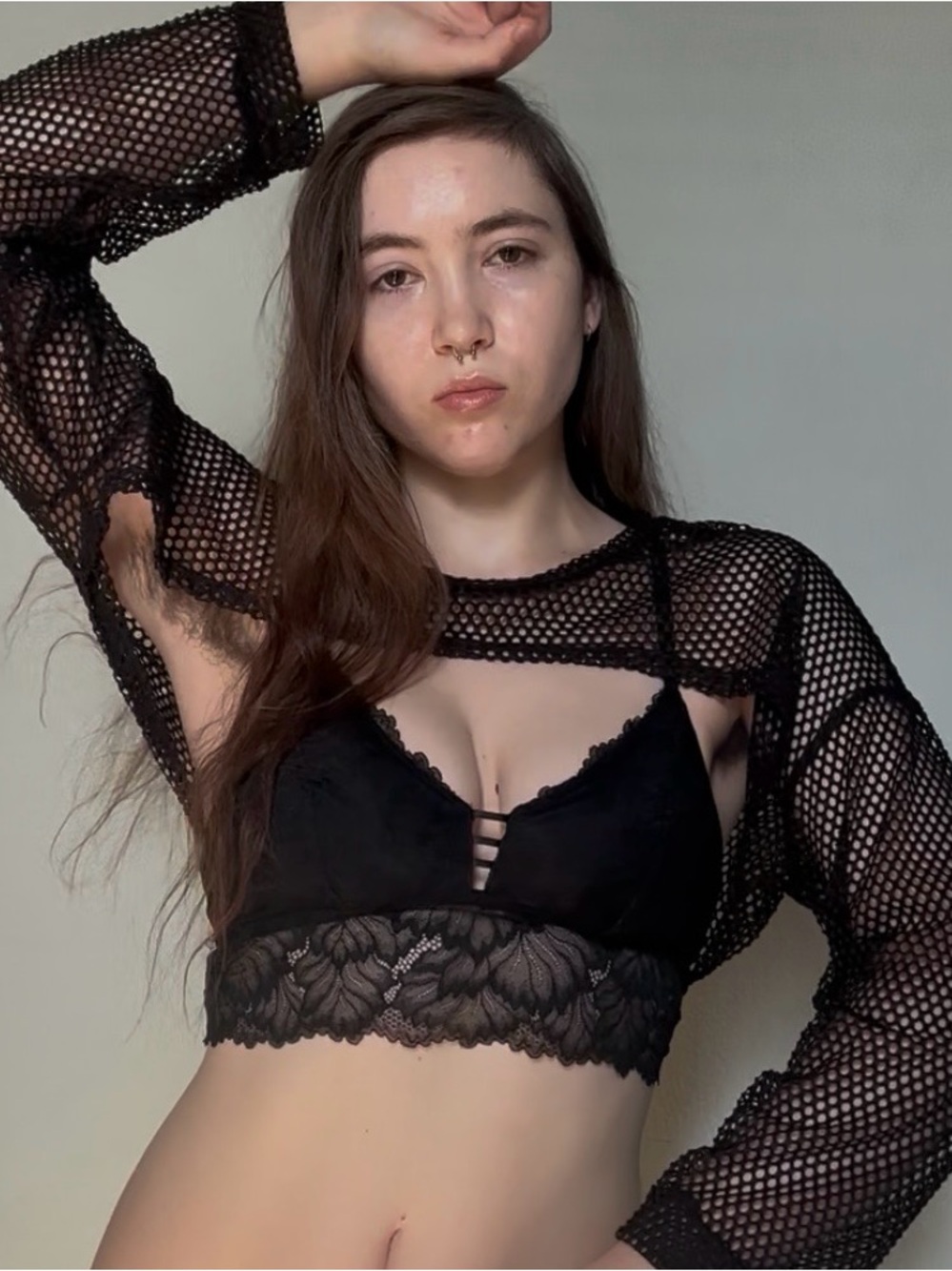 Black Sheer Fishnet Long-Sleeve Crop Top